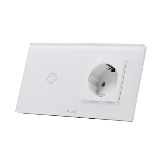 Intrerupator cap-scara simplu cu touch + priza simpla 2P+T, 16A, rama din sticla, alb, Aledio A2W1PA