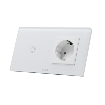 Intrerupator cap-scara simplu cu touch + priza simpla 2P+T, 16A, rama din sticla, alb, Aledio A2W1PA, , alternativo.ro
