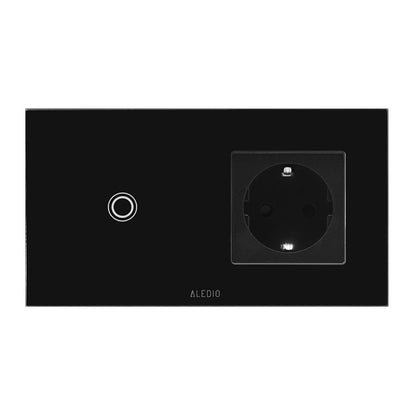 Intrerupator cap-scara simplu cu touch + priza simpla 2P+T, 16A, rama din sticla, negru, Aledio A2W1PN, , alternativo.ro