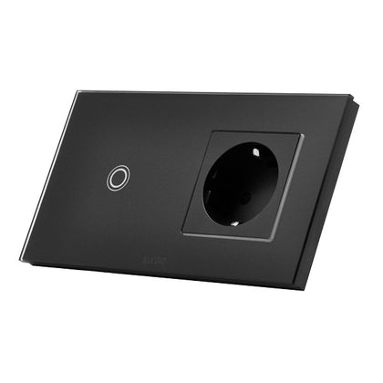 Intrerupator cap-scara simplu cu touch + priza simpla 2P+T, 16A, rama din sticla, negru, Aledio A2W1PN, , alternativo.ro