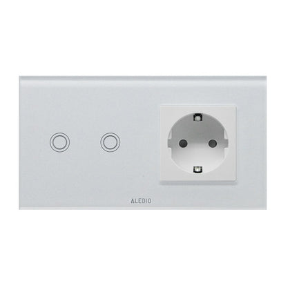 Intrerupator dublu cu touch + priza simpla 2P+T, 16A, rama din sticla, alb, Aledio A2G1PA, , alternativo.ro