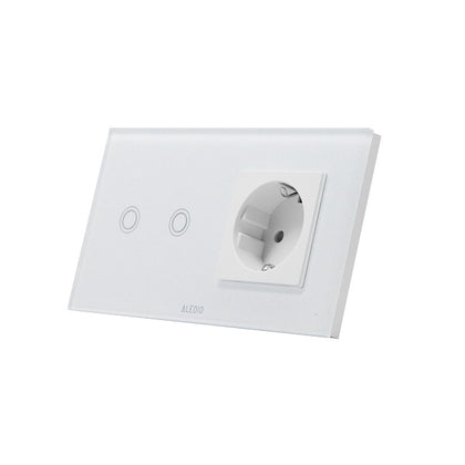 Intrerupator dublu cu touch + priza simpla 2P+T, 16A, rama din sticla, alb, Aledio A2G1PA, , alternativo.ro