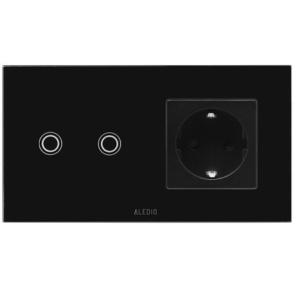 Intrerupator dublu cu touch + priza simpla 2P+T, 16A, rama din sticla, negru, Aledio A2G1PN, , alternativo.ro