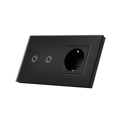 Intrerupator dublu cu touch + priza simpla 2P+T, 16A, rama din sticla, negru, Aledio A2G1PN, , alternativo.ro
