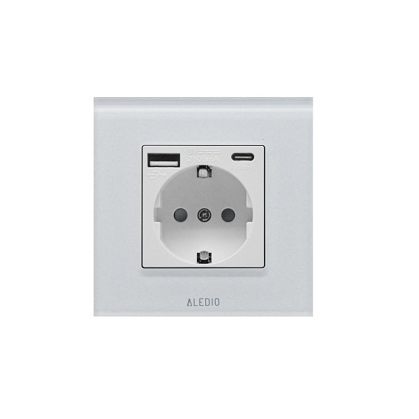 Priza simpla, standard german, 2P+T, 16A, cu USB tip A+C, 2.1A, rama din sticla, alb, Aledio A1PACA, 2, alternativo.ro