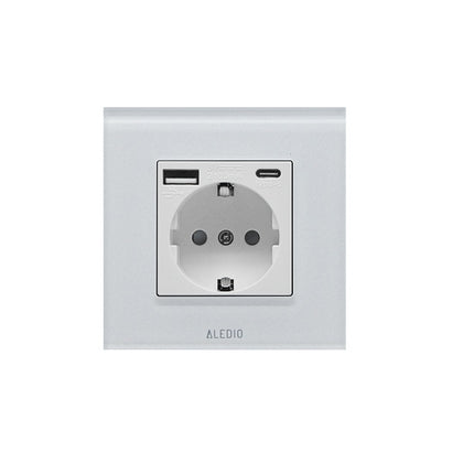 Priza simpla, standard german, 2P+T, 16A, cu USB tip A+C, 2.1A, rama din sticla, alb, Aledio A1PACA, , alternativo.ro