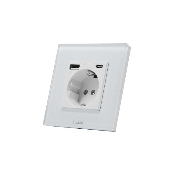 Priza simpla, standard german, 2P+T, 16A, cu USB tip A+C, 2.1A, rama din sticla, alb, Aledio A1PACA, 1, alternativo.ro