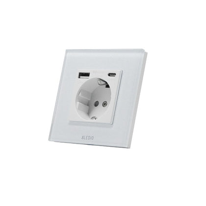 Priza simpla, standard german, 2P+T, 16A, cu USB tip A+C, 2.1A, rama din sticla, alb, Aledio A1PACA, , alternativo.ro