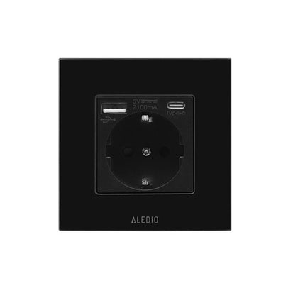 Priza simpla, standard german, 2P+T, 16A, cu USB tip A+C, 2.1A, rama din sticla, negru, Aledio A1PACN, , alternativo.ro