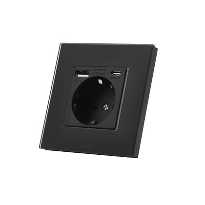 Priza simpla, standard german, 2P+T, 16A, cu USB tip A+C, 2.1A, rama din sticla, negru, Aledio A1PACN, , alternativo.ro