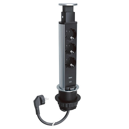 Stalp de prize, incorporabil in blat, 3 x priza 2P+T + 1 x încărcător USB A + 1 x încărcător USB C, negru/finisaj metalic, INCARA™ Tower 60, Legrand 654974, , alternativo.ro