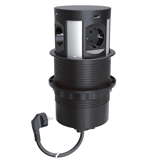 Stalp de prize, incorporabil in blat, 4 x priza 2P+T + 2 x încărcător USB A + 2 x încărcător USB C, negru finisaj metalic, INCARA™ Tower 120, Legrand 654982