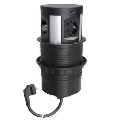 Stalp de prize, incorporabil in blat, 4 x priza 2P+T + 2 x încărcător USB A + 2 x încărcător USB C, negru finisaj metalic, INCARA™ Tower 120, Legrand 654982, , alternativo.ro