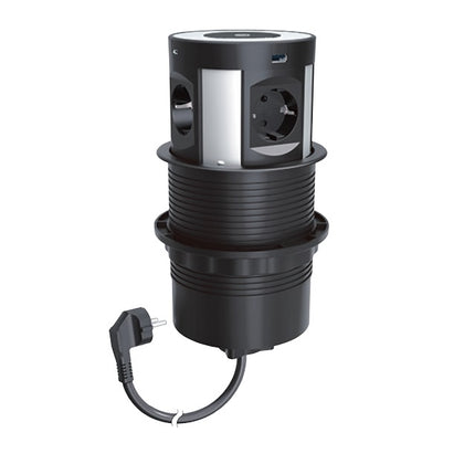 Stalp de prize, incorporabil in blat, 4 x priza 2P+T + 2 x încărcător USB A + 2 x încărcător USB C + 1 încărcător wireless, negru/finisaj metalic, INCARA™ Tower 120, Legrand 654983, , alternativo.ro