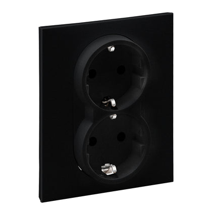 Priza dubla, cu impamantare, 2P+T, cu protectie copii, 16A, rama inclusa, negru, Suno 721426, , alternativo.ro