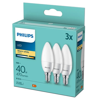 Set 3 Becuri LED lumanare, E14, 5W, 470Lm, lumina calda 2700K, Philips 8719514313385
