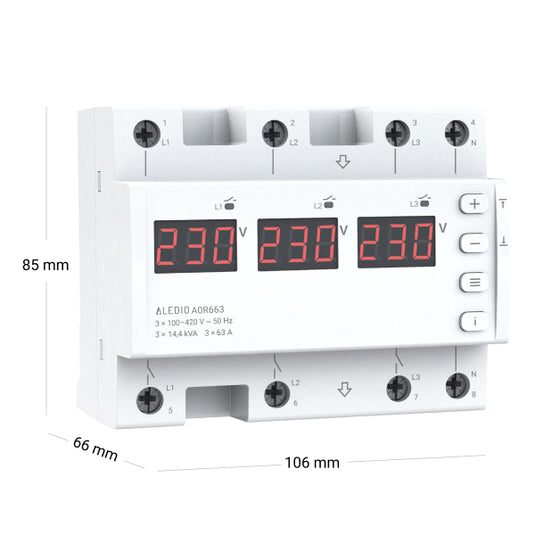 Releu de monitorizare tensiune, trifazat, 63A, 6 module, Aledio A0R663