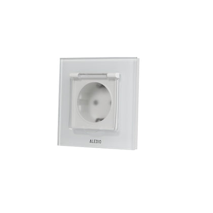 Priza simpla cu capac, standard german, 2P+T, rama din sticla, 16A, alb, Aledio A1PC0A, , alternativo.ro