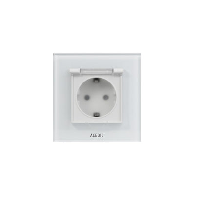 Priza simpla cu capac, standard german, 2P+T, rama din sticla, 16A, alb, Aledio A1PC0A, , alternativo.ro