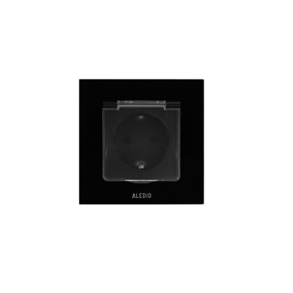 Priza simpla cu capac, standard german, 2P+T, rama din sticla, 16A, negru, Aledio A1PC0N, , alternativo.ro