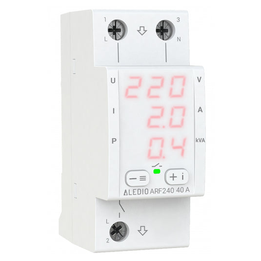 Releu de protectie multifunctional monofazat, 40A, cu afisaj tensiune, curent, putere, Aledio ARF240