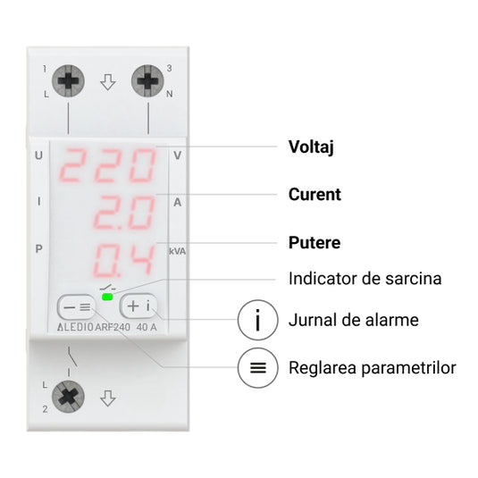 Releu de protectie multifunctional monofazat, 40A, cu afisaj tensiune, curent, putere, Aledio ARF240