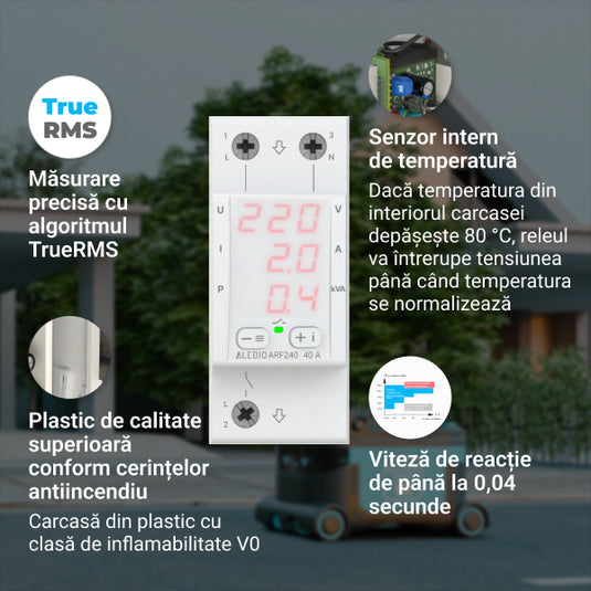 Releu de protectie multifunctional monofazat, 40A, cu afisaj tensiune, curent, putere, Aledio ARF240