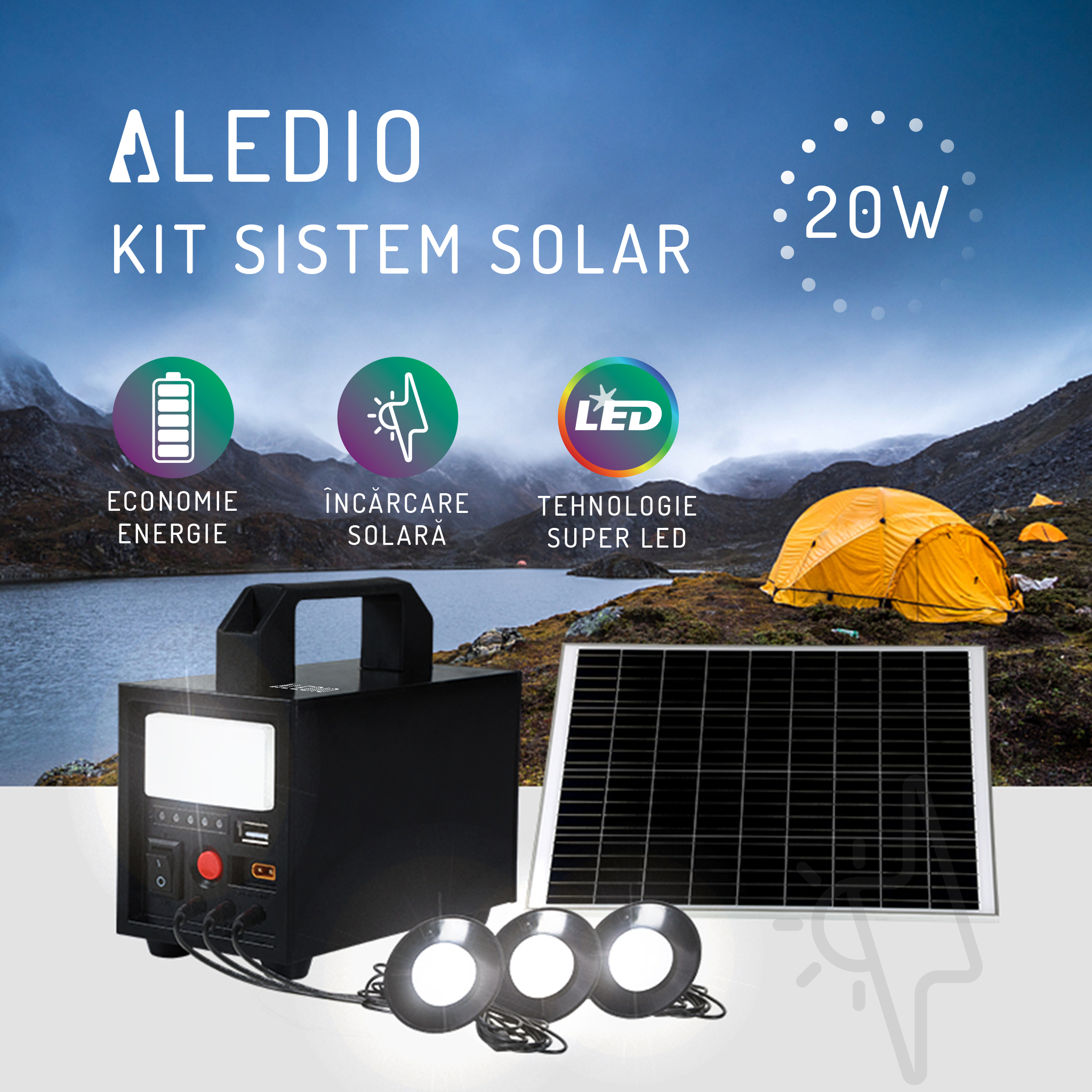 Kit sistem solar, 20W, 12Ah, cu lanterna si iesire USB, 3 becuri