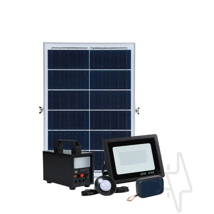 Kit sistem solar, 40W, 18Ah, cu lanterna si iesire USB, bec LED, proiector, boxa bluetooth, panou solar inclus, Aledio, alternativo.ro