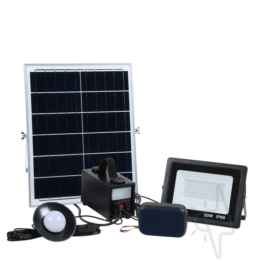 Kit sistem solar, 40W, 18Ah, cu lanterna si iesire USB, bec LED, proiector, boxa bluetooth, panou solar inclus, Aledio