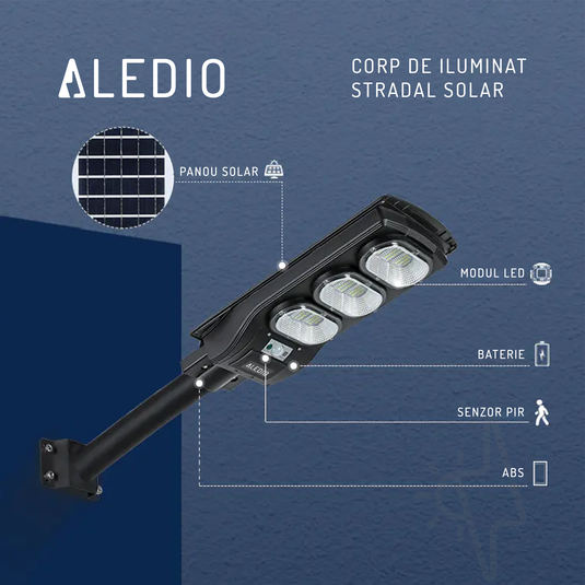 Corp de iluminat stradal LED, solar, cu senzor de miscare, 150W, 6Ah, 4000K, IP65, Aledio