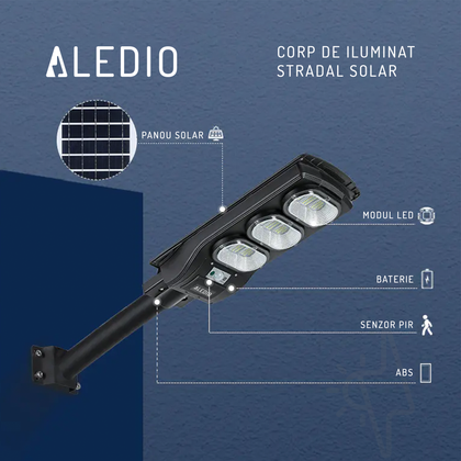 Corp de iluminat stradal LED, solar, cu senzor de miscare, 150W, 6Ah, 4000K, IP65, Aledio, , alternativo.ro