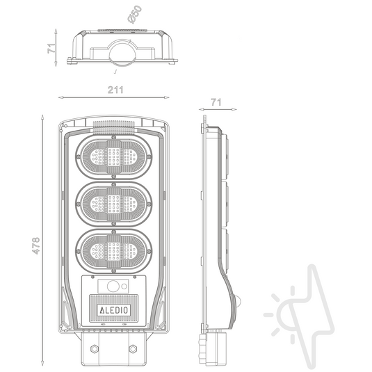 Corp de iluminat stradal LED, solar, cu senzor de miscare, 150W, 6Ah, 4000K, IP65, Aledio