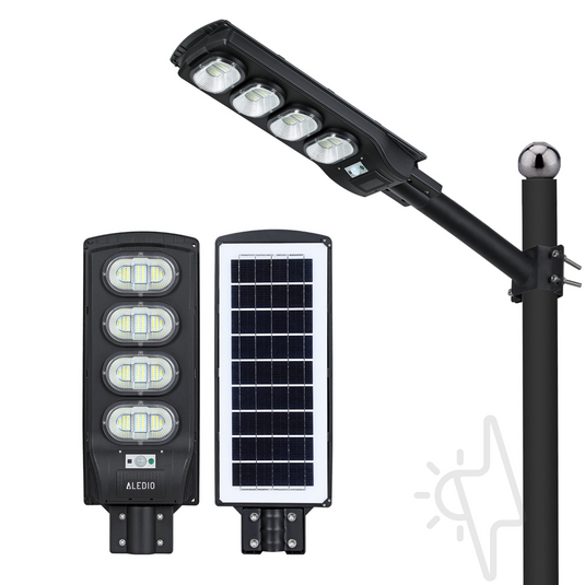 2 x Corp de iluminat stradal LED, solar, cu senzor de miscare, 200W, 6Ah, 4000K, IP65, Aledio + 2 x Suport pentru corp de iluminat, 500mm, Ø48, Aledio