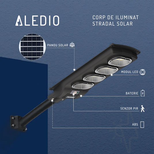 Corp de iluminat stradal LED, solar, cu senzor de miscare, 200W, 6Ah, 4000K, IP65, Aledio