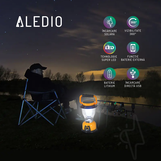 Felinar LED, solar, reincarcabil, 6W, 800mAh, galben, Aledio