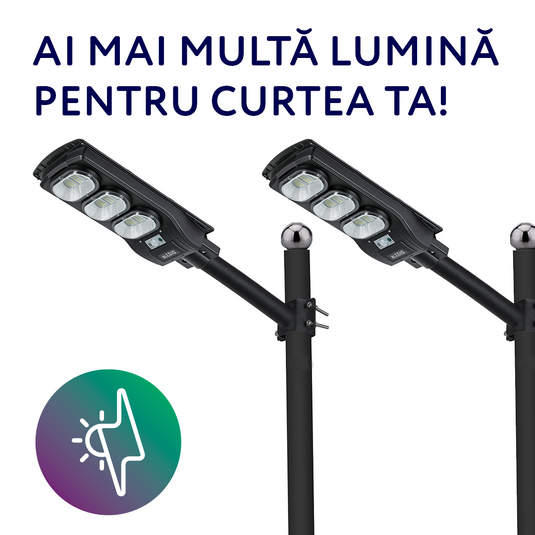 2 x Corp de iluminat stradal LED, solar, cu senzor de miscare, 150W, 6Ah, 4000K, IP65, Aledio + 2 x Suport pentru corp de iluminat, 500mm, Ø48, Aledio
