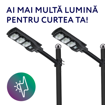 2 x Corp de iluminat stradal LED, solar, cu senzor de miscare, 150W, 6Ah, 4000K, IP65, Aledio + 2 x Suport pentru corp de iluminat, 500mm, Ø48, Aledio, alternativo.ro