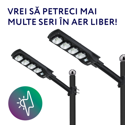 2 x Corp de iluminat stradal LED, solar, cu senzor de miscare, 200W, 6Ah, 4000K, IP65, Aledio + 2 x Suport pentru corp de iluminat, 500mm, Ø48, Aledio, alternativo.ro