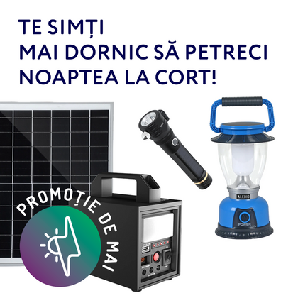 1 x Kit sistem solar, 20W, 12Ah, cu lanterna si iesire USB, 3 becuri LED, panou solar inclus, Aledio + 1 x Lanterna LED, solara, multifunctionala, 5W, 2000mAh, Aledio + 1 x Felinar LED, solar, reincarcabil, 6W, 800mAh, albastru, Aledio, , alternativo.ro