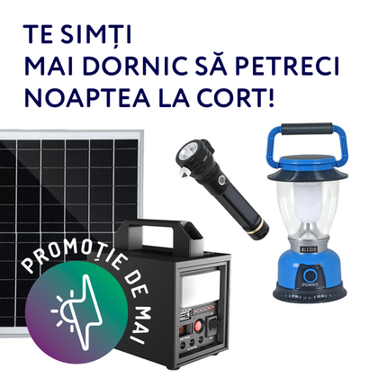 1 x Kit sistem solar, 20W, 12Ah, cu lanterna si iesire USB, 3 becuri LED, panou solar inclus, Aledio + 1 x Lanterna LED, solara, multifunctionala, 5W, 2000mAh, Aledio + 1 x Felinar LED, solar, reincarcabil, 6W, 800mAh, albastru, Aledio, alternativo.ro