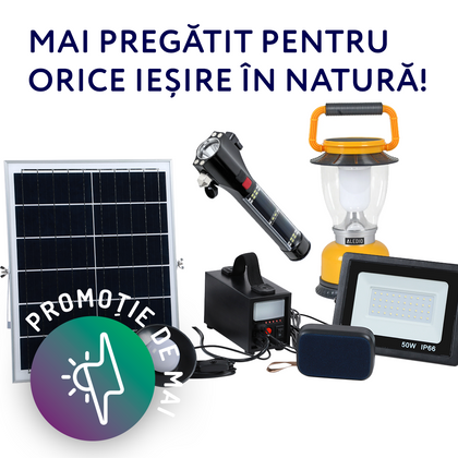 1 x Kit sistem solar, 40W, 18Ah, cu lanterna si iesire USB, bec LED, proiector, boxa bluetooth, panou solar inclus, Aledio + 1 x Lanterna LED, solara, multifunctionala, 8W, 2000mAh, Aledio + 1 x Felinar LED, solar, reincarcabil, 6W, 800mAh, galben, Aledio, , alternativo.ro