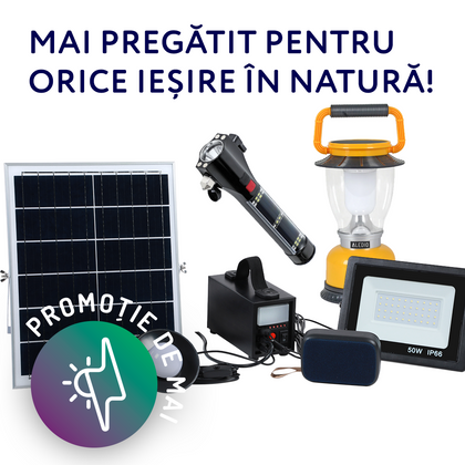 1 x Kit sistem solar, 40W, 18Ah, cu lanterna si iesire USB, bec LED, proiector, boxa bluetooth, panou solar inclus, Aledio + 1 x Lanterna LED, solara, multifunctionala, 8W, 2000mAh, Aledio + 1 x Felinar LED, solar, reincarcabil, 6W, 800mAh, galben, Aledio, alternativo.ro