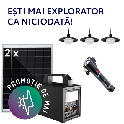 2 x Kit sistem solar, 20W, 12Ah, cu lanterna si iesire USB, 3 becuri LED, panou solar inclus, Aledio + 1 x Lanterna LED, solara, multifunctionala, 8W, 2000mAh, Aledio, , alternativo.ro