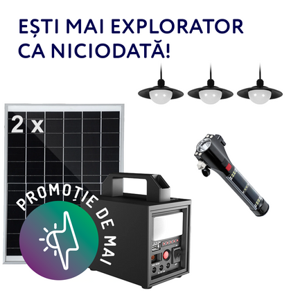 2 x Kit sistem solar, 20W, 12Ah, cu lanterna si iesire USB, 3 becuri LED, panou solar inclus, Aledio + 1 x Lanterna LED, solara, multifunctionala, 8W, 2000mAh, Aledio, alternativo.ro