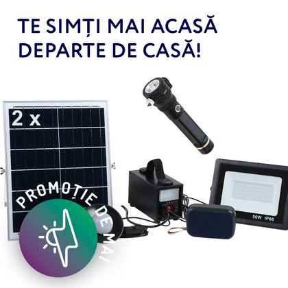 2 x Kit sistem solar, 40W, 18Ah, cu lanterna si iesire USB, bec LED, proiector, boxa bluetooth, panou solar inclus, Aledio + 1 x Lanterna LED, solara, multifunctionala, 5W, 2000mAh, Aledio, alternativo.ro