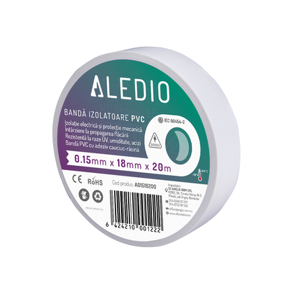 Banda izolatoare din PVC, 0.15mmx18mmx20m, alb, Aledio A01518200, alternativo.ro