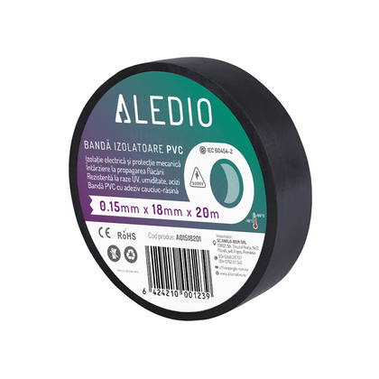 Banda izolatoare din PVC, 0.15mmx18mmx20m, negru, Aledio A01518201, , alternativo.ro