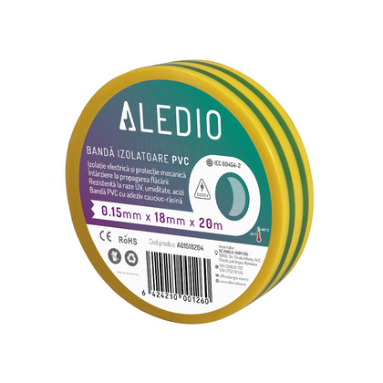 Banda izolatoare din PVC, 0.15mmx18mmx20m, verde-galben, Aledio A01518204, , alternativo.ro