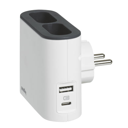 Adaptor 2 prize, USB Tip A, USB Tip C, iesiri laterale, 16A, fara contact de protectie, Alb/Gri, MOES RevOlution 049401, alternativo.ro